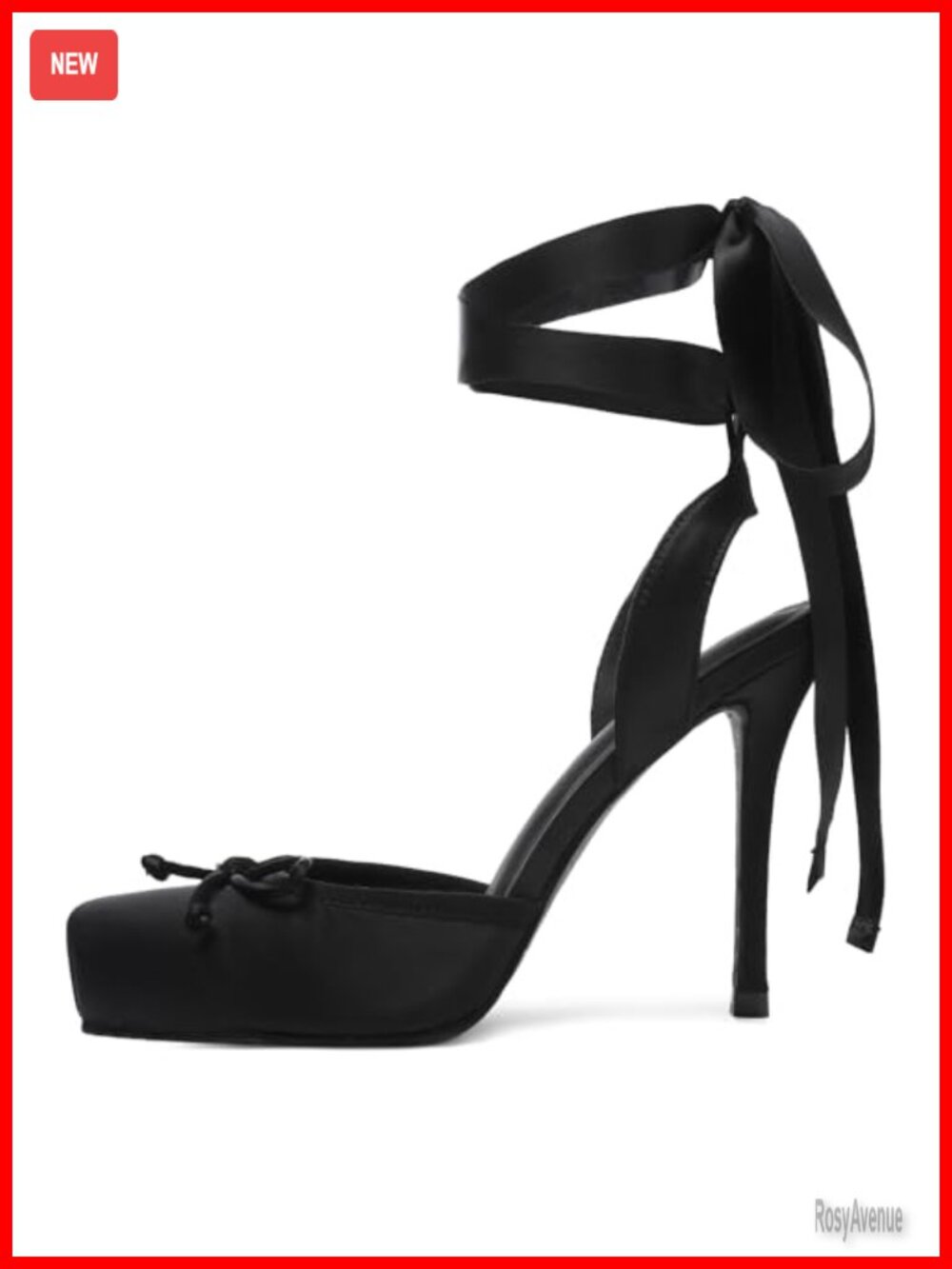 Satin Ballet Heels with Bow, Square Toe, Lace-Up Slingback, 3-Inch Stiletto